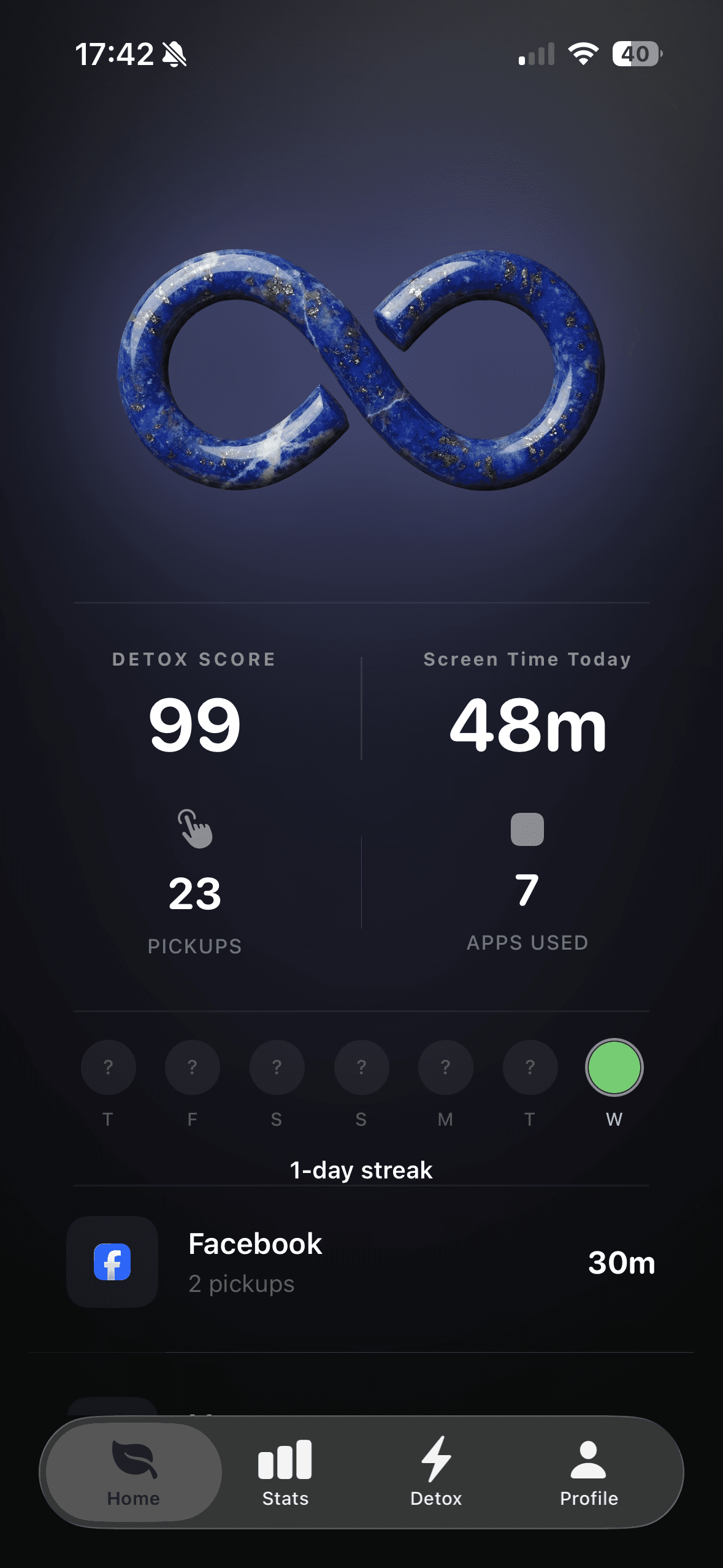 Unloop home screen showing Detox Score and screen time stats